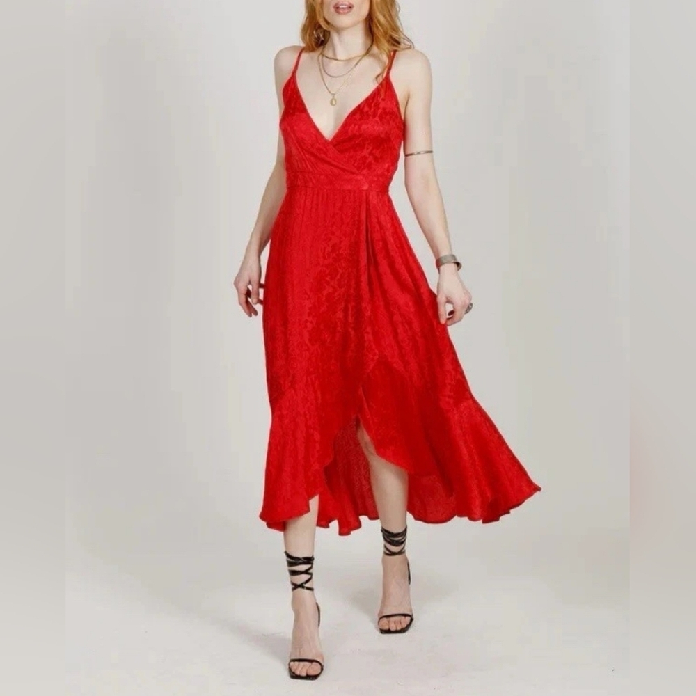 Band Of The Free Anina Ruby Red Wrap Midi Dress Red Jaquard Floral Large New!❤️